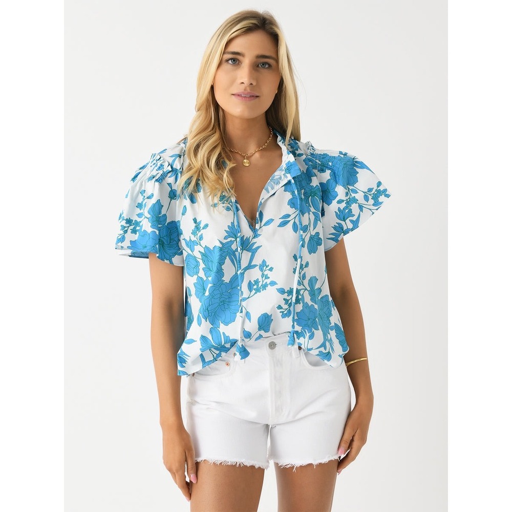 MISA Los Angeles Suparna Turquoise White Floral Cotton Flutter Sleeve Blouse XS